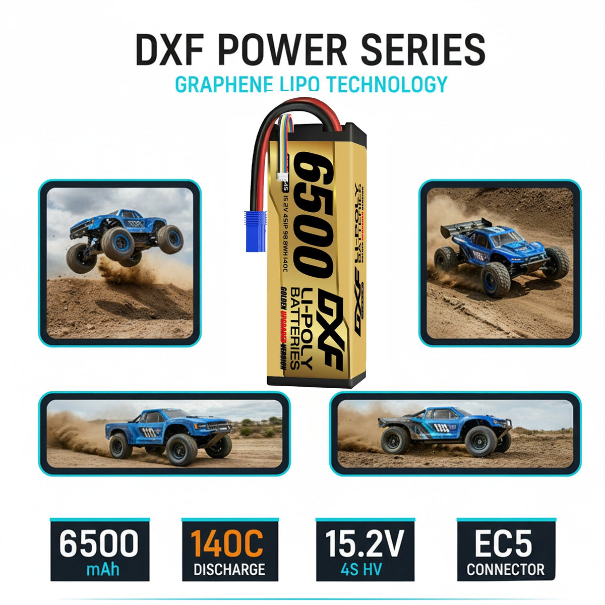 DXF GoldSeries 4S HV 15.2V 6500mAh 140C Graphene Hardcase LiPo Battery with EC5 & 10AWG Wire (1-6 Pack)