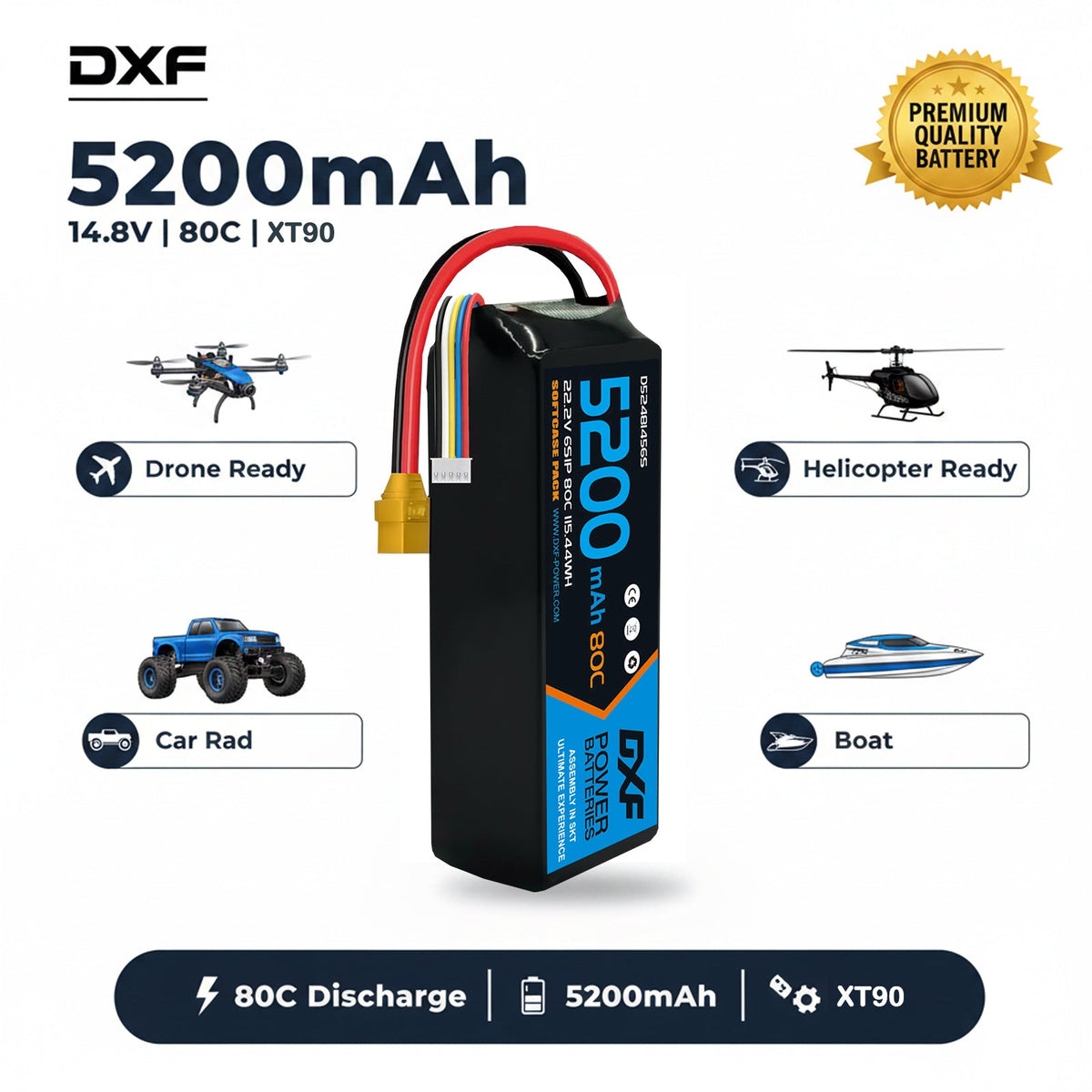 DXF Lipo Battery 4S 14.8V 5200mAh 80C Graphene Softcase with EC5 / T / TRX / XT60 / XT90 / XT150 / Q8s Plug for RC 1/8 1/10 Buggy Truck Car Off-Road Drone