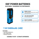 DXF BLUE 2S HV 7.6V 8400mAh 140C Graphene Slim Hardcase LiPo with 5mm to Deans/T-Plug & 10AWG Wire (1-6 Pack)