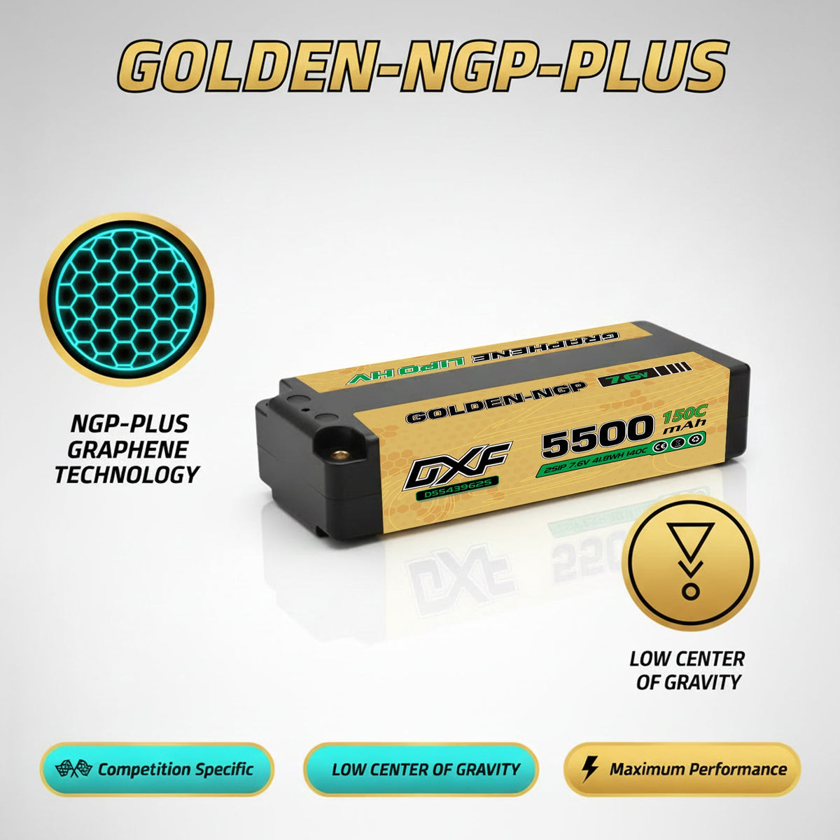 DXF 2S Shorty 7.6V 5500mAh 150C NGP PLUS Graphene Hardcase LiPo Battery with 5mm Bullet to Deans Plug for 1/10 RC Buggies, Touring Cars & Trucks (1-6 Pack Available)