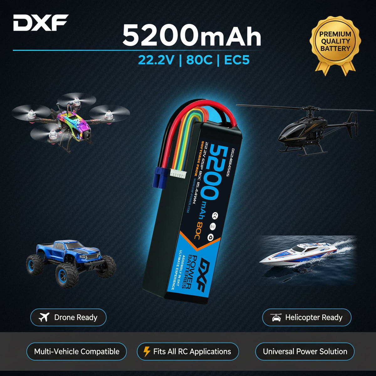 DXF 6S 22.2V 5200mAh 80C Graphene Softcase LiPo Battery with EC5 & 10AWG Wire (1-6 Pack)