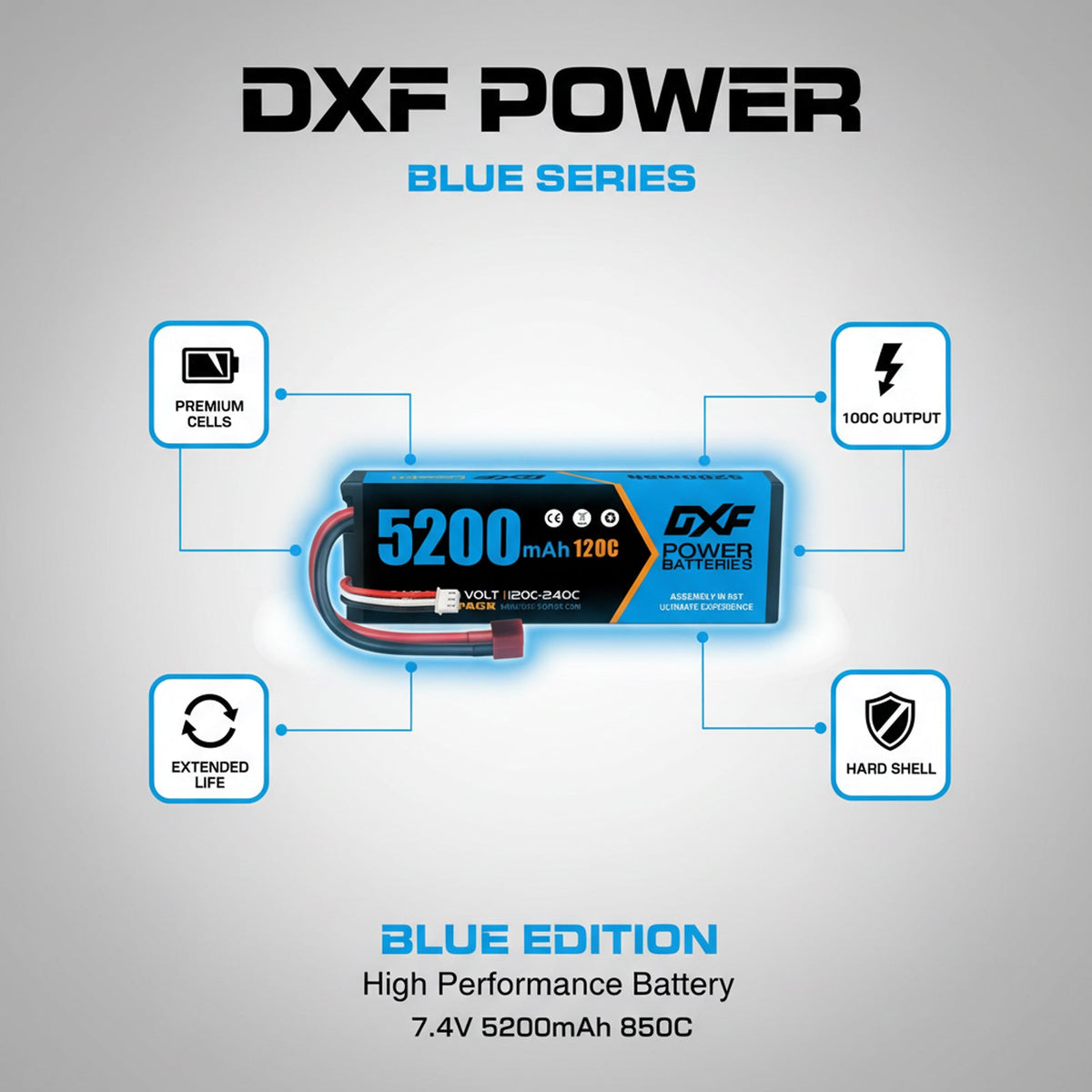 DXF 2S 7.4V 5200mAh 120C Graphene LiPo Hardcase Battery with 10AWG Deans T-Plug for RC Car Truck (1-6 Pack)