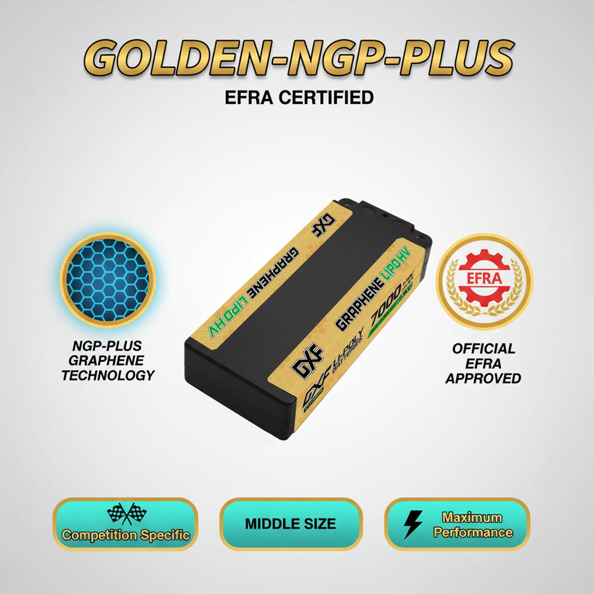 DXF 2S HV 7.6V 7000mAh 150C GOLDEN NGP PLUS Middle-Size Graphene LiPo Hardcase Battery with 12AWG 5mm Bullet to Deans Plug for 1/8 1/10 RC Car Truck Boat Drone (1-6 Pack Available)