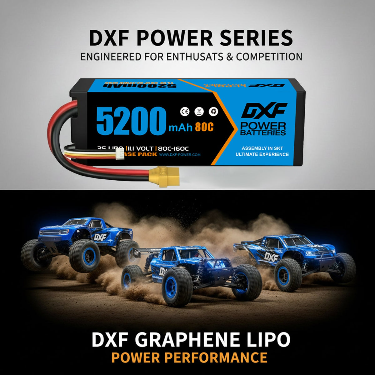 DXF LiPo Battery 3S 11.1V 5200mAh 80C Graphene Hardcase with EC5 / T / TRX / XT60 / XT90 / XT150 / Q8s Plug for RC 1/8 1/10 Buggy Truck Car Off-Road Drone