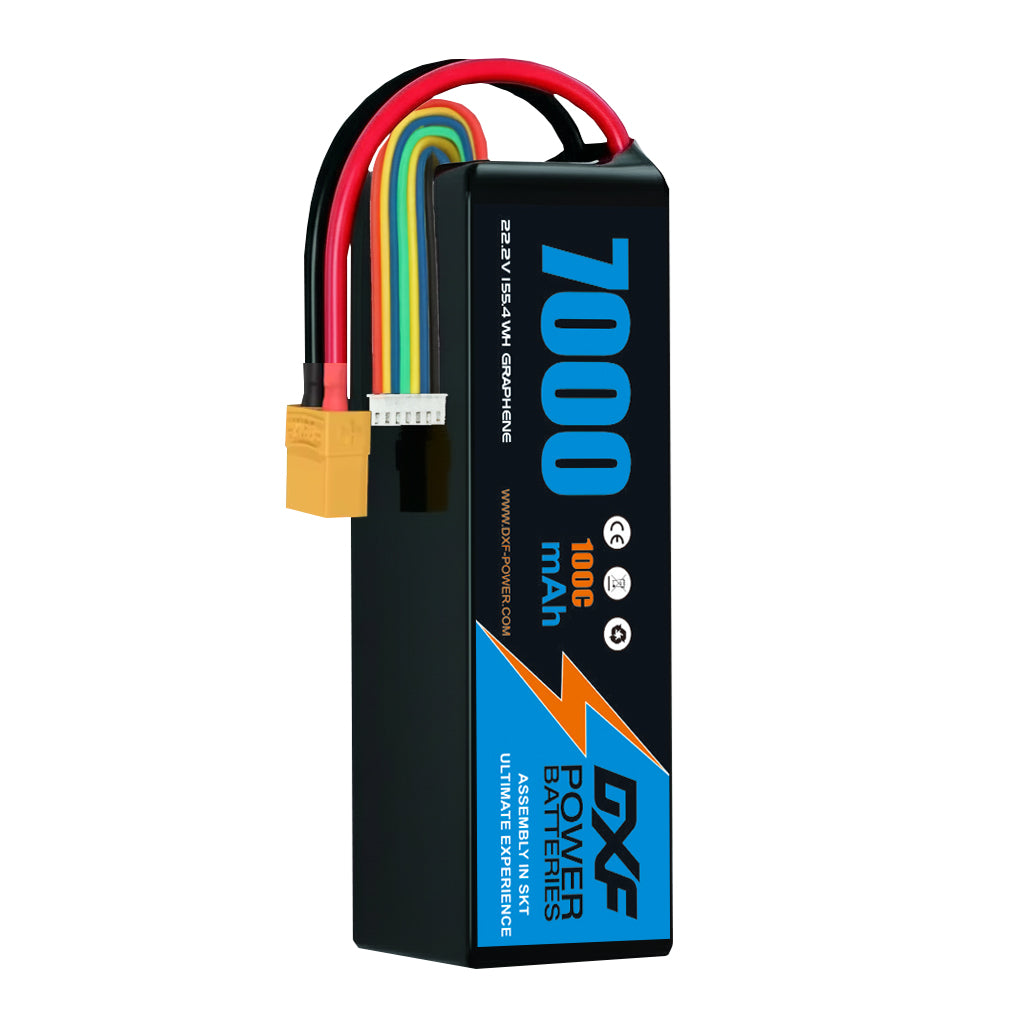 DXF 6S 22.2V 7000mAh 100C Softcase LiPo Battery with XT90 & 10AWG Wire for 1/8 RC Cars (1-6 Pack)