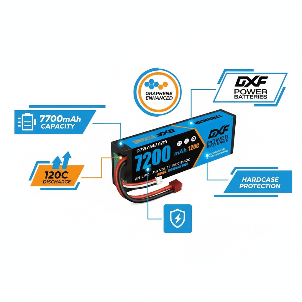 DXF 2S 7.4V 7200mAh 120C Hardcase LiPo Battery with 10AWG Deans for 1/10 1/8 RC Cars, Trucks, Buggies (2 & 4 Pack Available)