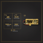 DXF 4S 14.8V 7000mAh 100C Hardcase LiPo Battery with 10AWG XT90 for 1/8 1/10 RC Cars, Trucks, Buggies (1/2 Pack Available)
