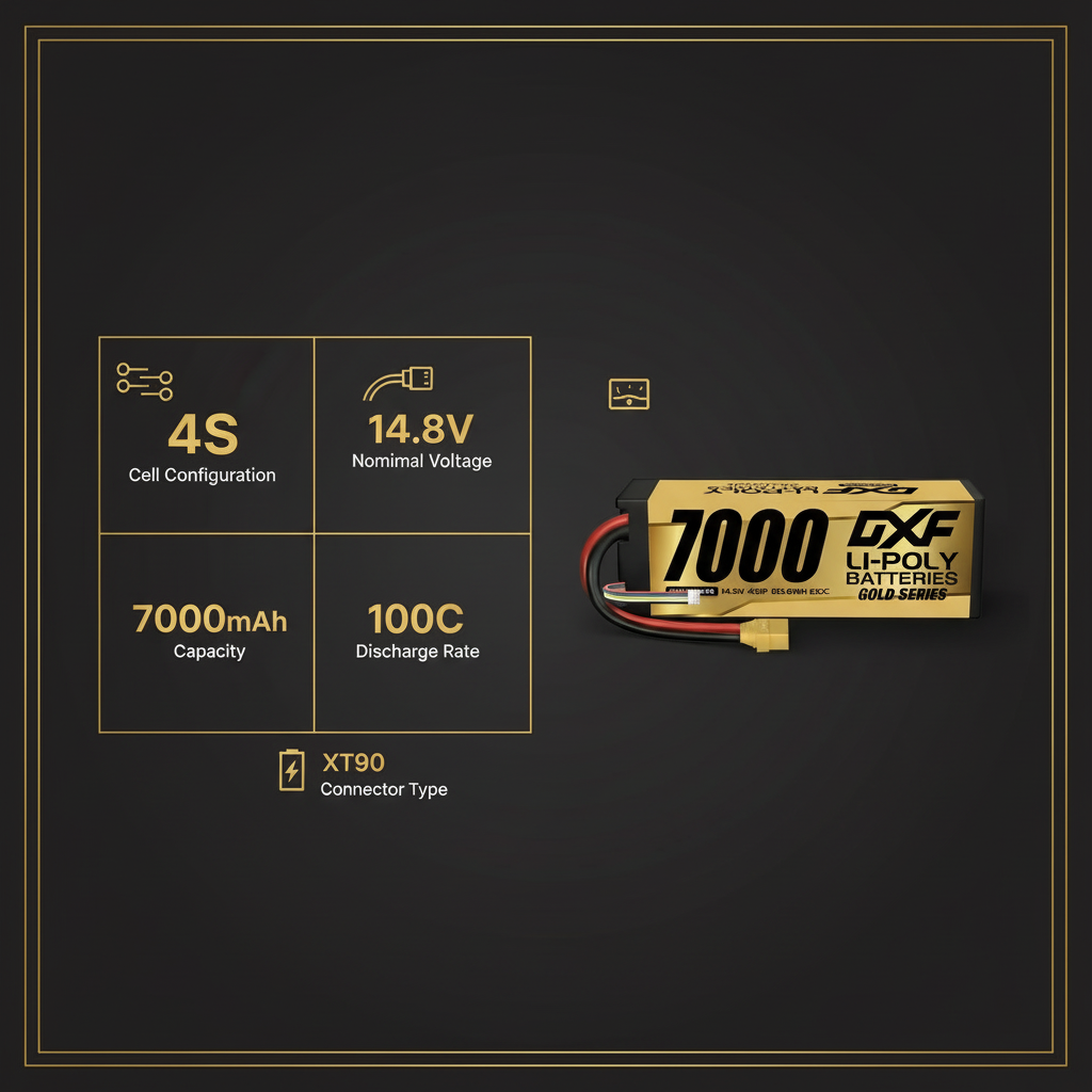 DXF 4S 14.8V 7000mAh 100C Hardcase LiPo Battery with 10AWG XT90 for 1/8 1/10 RC Cars, Trucks, Buggies (1/2 Pack Available)