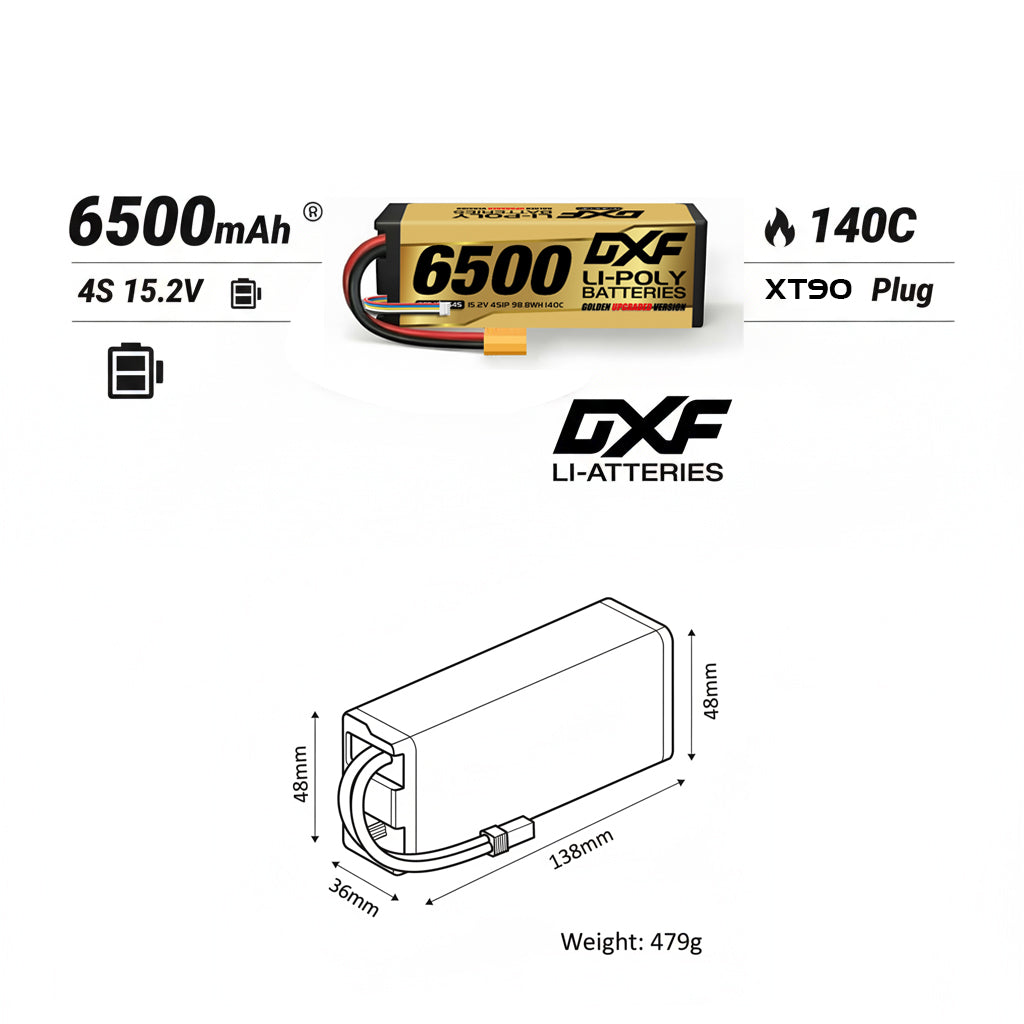 DXF Gold Series 4S HV 15.2V 6500mAh 140C Graphene Hardcase LiPo Battery with XT90 & 10AWG Wire (1-6 Pack)
