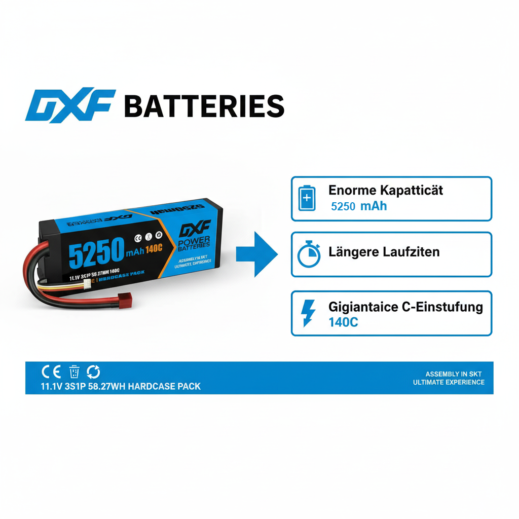 DXF 3S 11.1V 5250mAh 140C Graphene Hardcase LiPo Battery with Deans T-Plug & 10AWG Wire (1-6 Pack)
