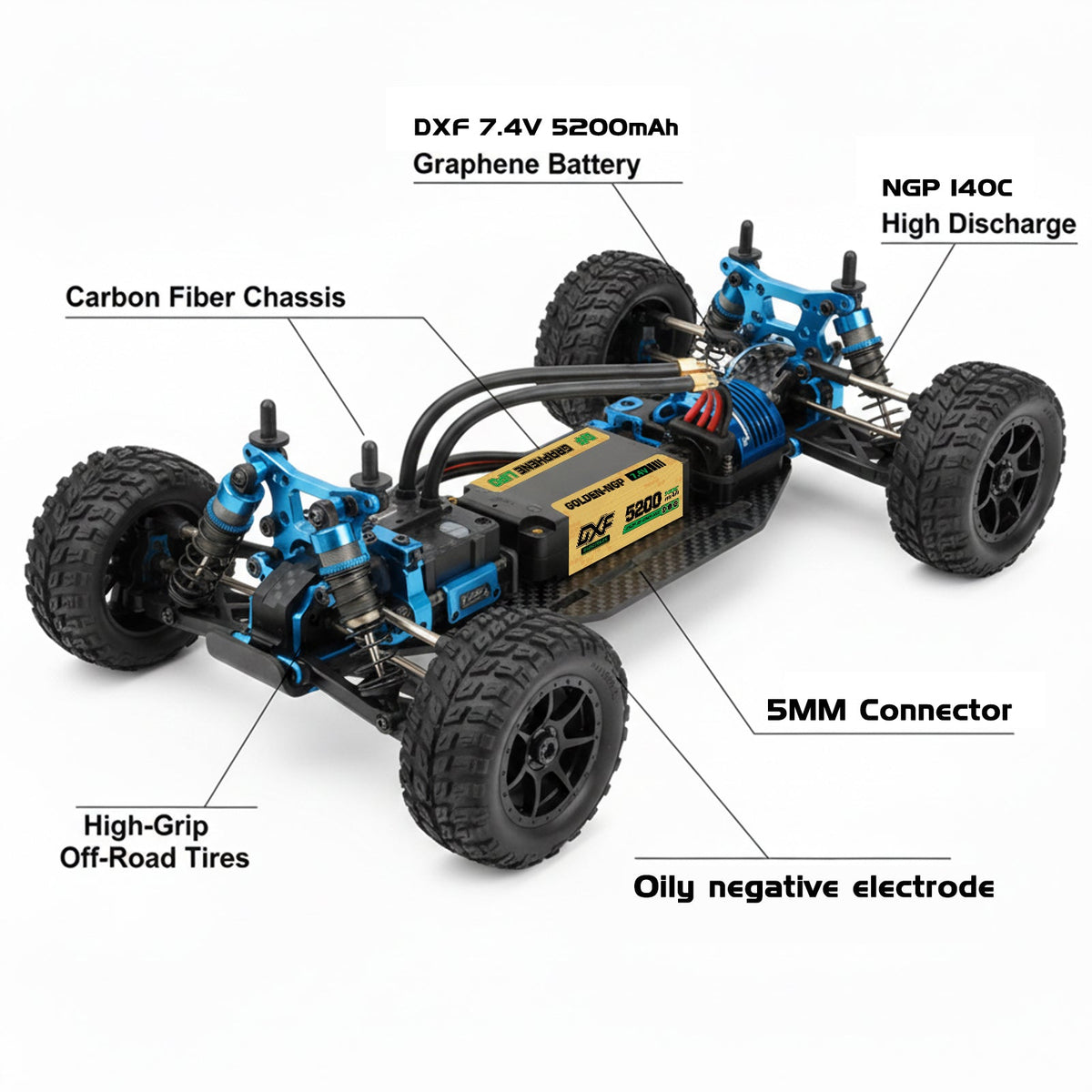 DXF 2S Shorty 7.4V 5200mAh 140C Graphene Hardcase LiPo Battery with 5mm Bullet to Deans Plug for 1/10 RC Buggies, Touring Cars & Trucks (1-6 Pack Available)