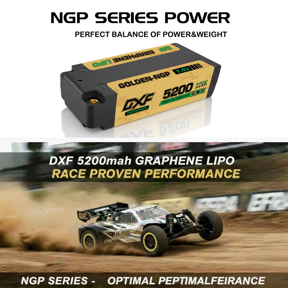 DXF 2S Shorty 7.4V 5200mAh 140C Graphene Hardcase LiPo Battery with 5mm Bullet to Deans Plug for 1/10 RC Buggies, Touring Cars & Trucks (1-6 Pack Available)