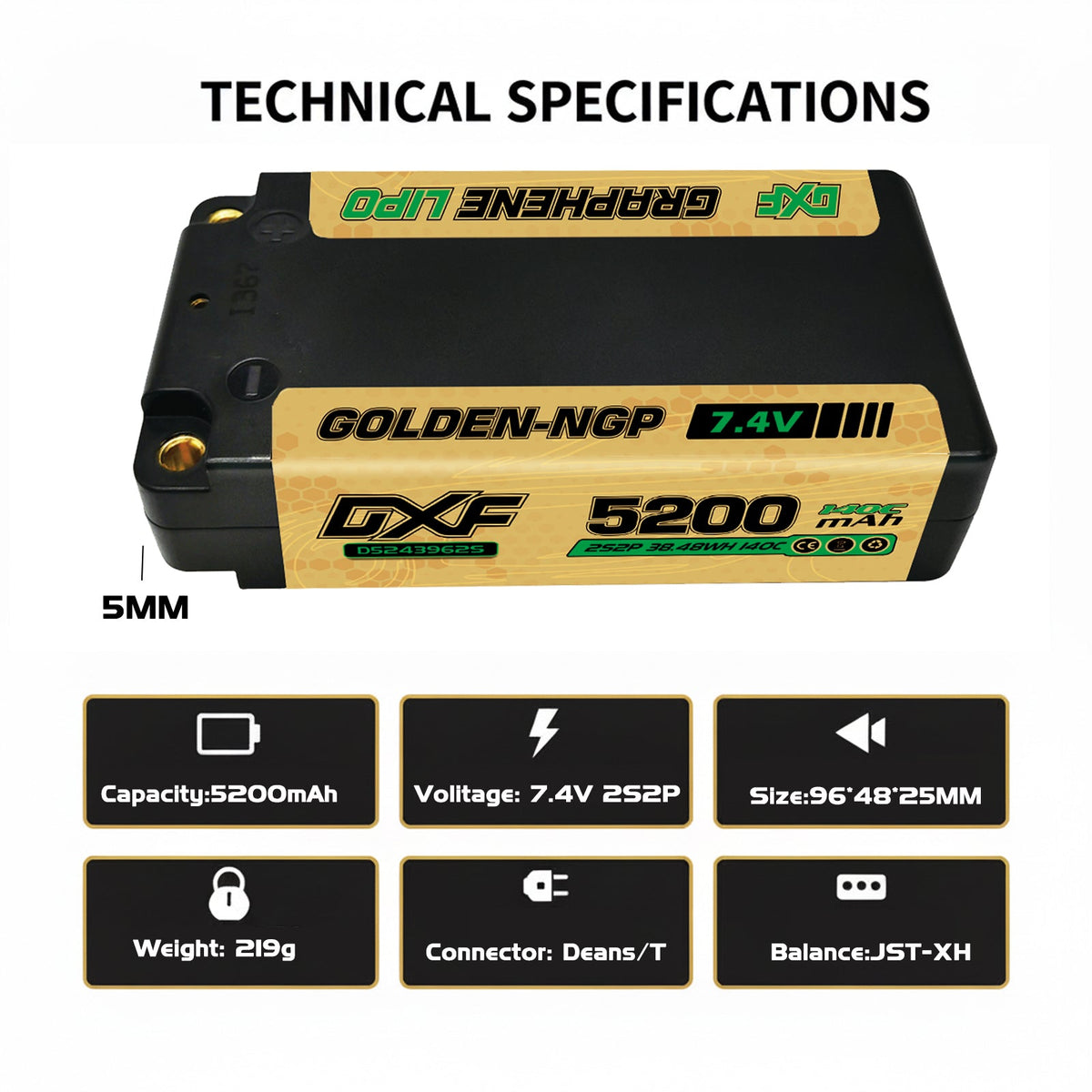 DXF LiPo Battery 2S2P 7.4V 5200mAh 140C Graphene Gold NGP Version with 5mm Bullet / EC5 / T / TRX / XT60 / XT90 / XT150 / Q8s Plug for RC 1/10 Touring Car Racing