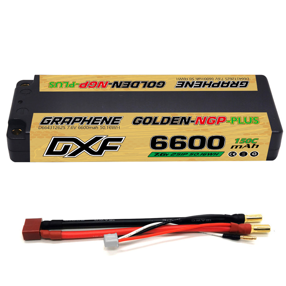 DXF LiPo Battery 2S HV 7.6V 6600mAh 150C Graphene NGP Plus Gold Version with 5mm Bullet / EC5 / T / TRX / XT60 / XT90 / XT150 / Q8s Plug for RC 1/10 1/8 Scale Car Racing
