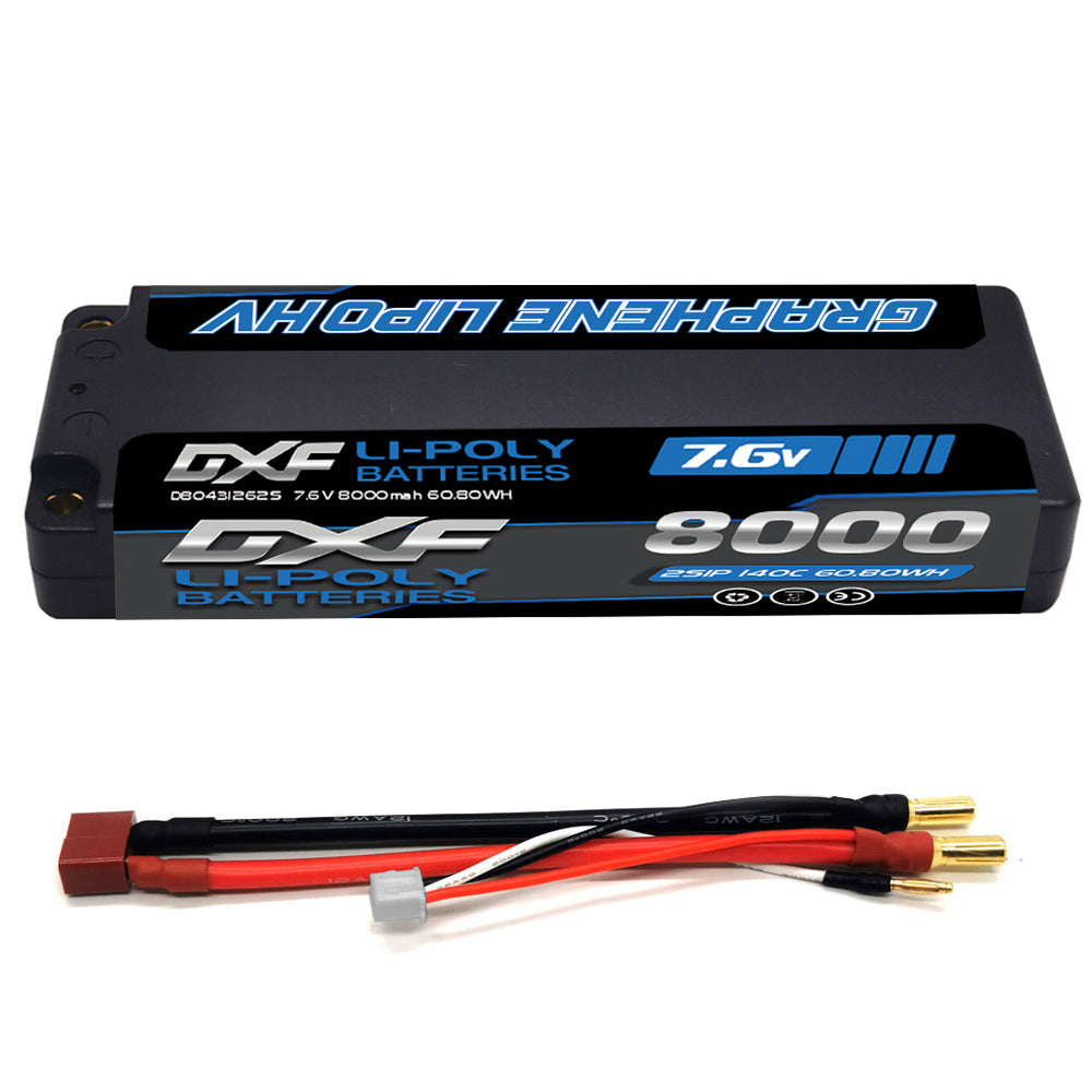 DXF 2S 7.6V Lipo Battery 140C 8000mAh Hardcase with 5mm Bullet to Deans Plug for RC 1/8 Vehicles Car Truck Tank Truggy Competition Racing Hobby