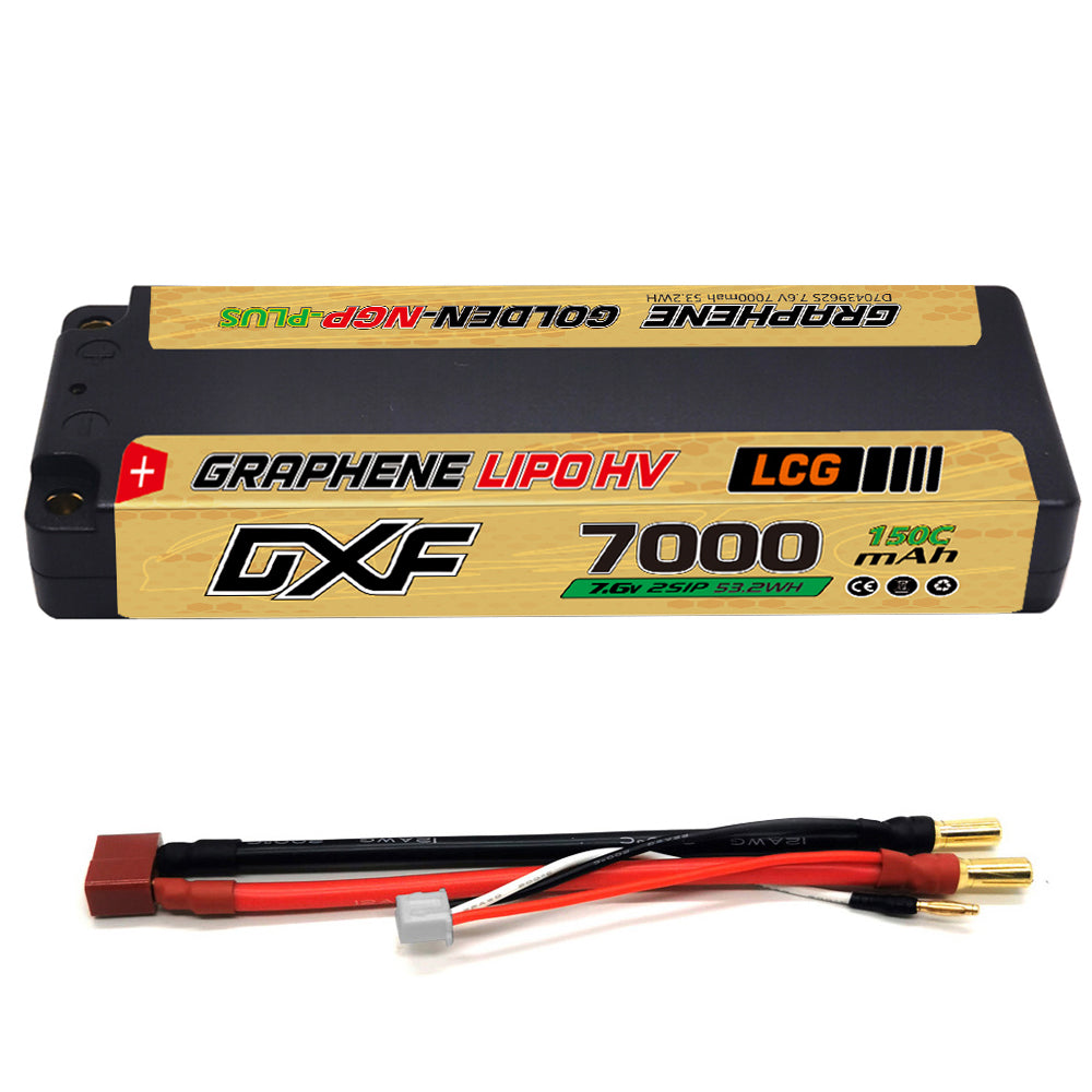 DXF 2S 7.6V 7000mAh 150C NGP PLUS Series HV LiPo Battery LCG Hardcase with 5mm Bullet to Deans Plug for 1/8 1/10 RC Racing Cars, Drones & Boats (1-6 Pack Available)
