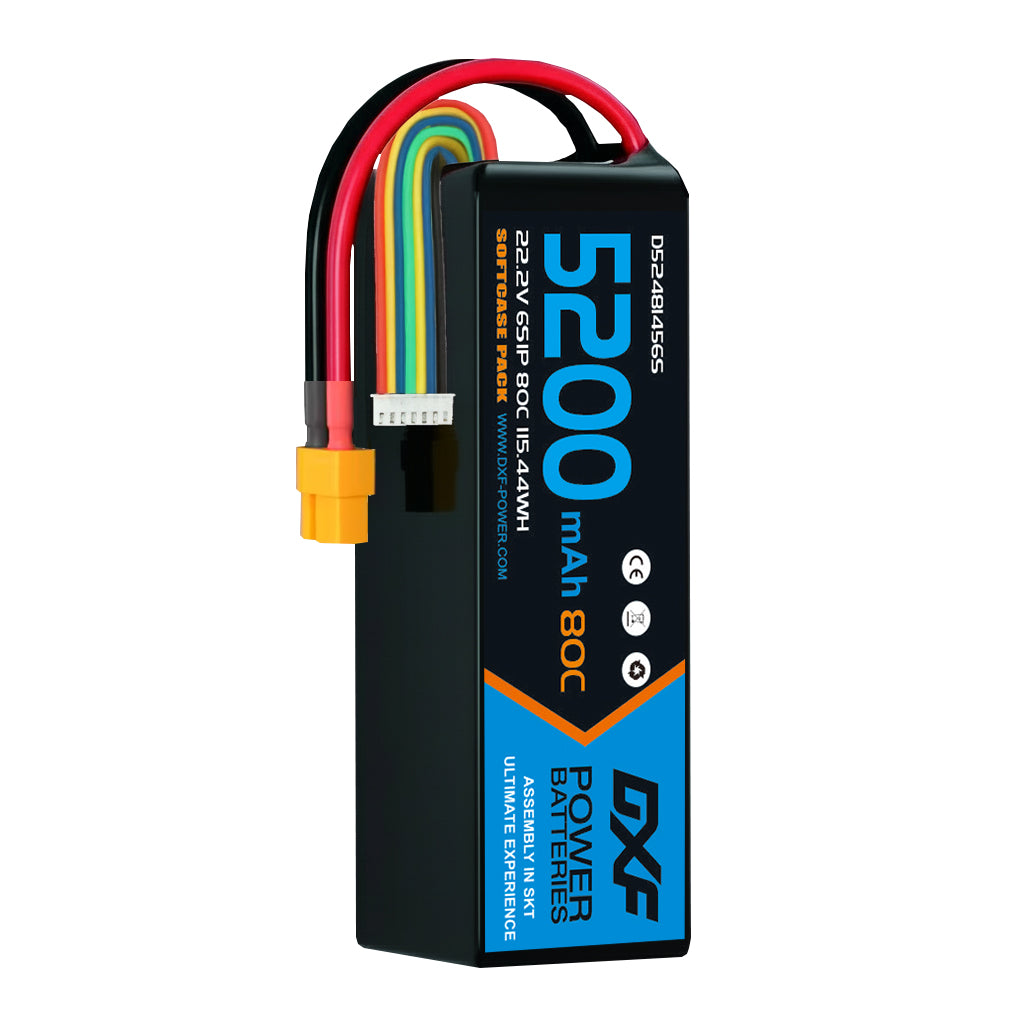 DXF 6S 22.2V 5200mAh 80C Softcase LiPo Battery with XT60 & 10AWG Wire for 1/8 RC Cars (1-6 Pack)