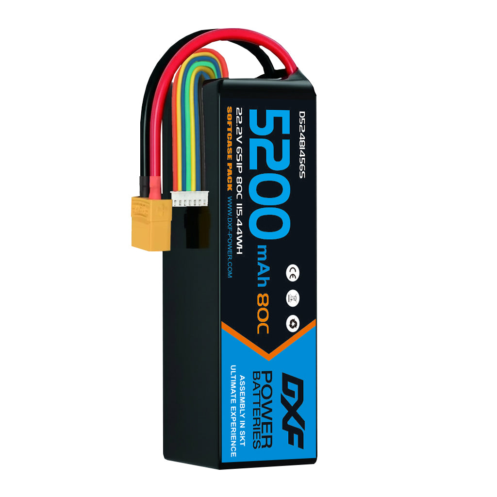 DXF 6S 22.2V 5200mAh 80C Softcase LiPo Battery with XT90 & 10AWG Wire for 1/8 RC Cars (1-6 Pack)