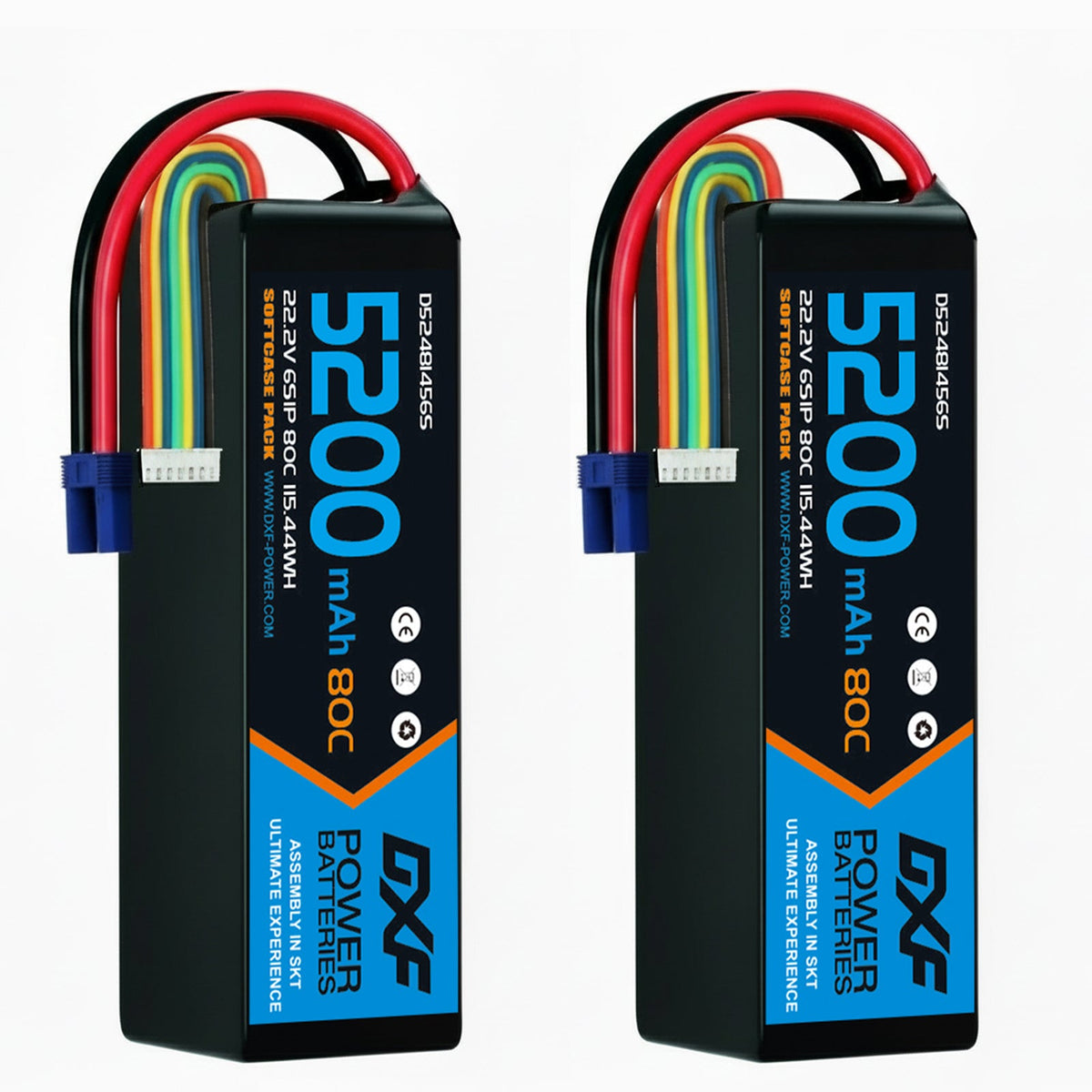 DXF 6S 22.2V 5200mAh 80C Graphene Softcase LiPo Battery with EC5 & 10AWG Wire (1-6 Pack)